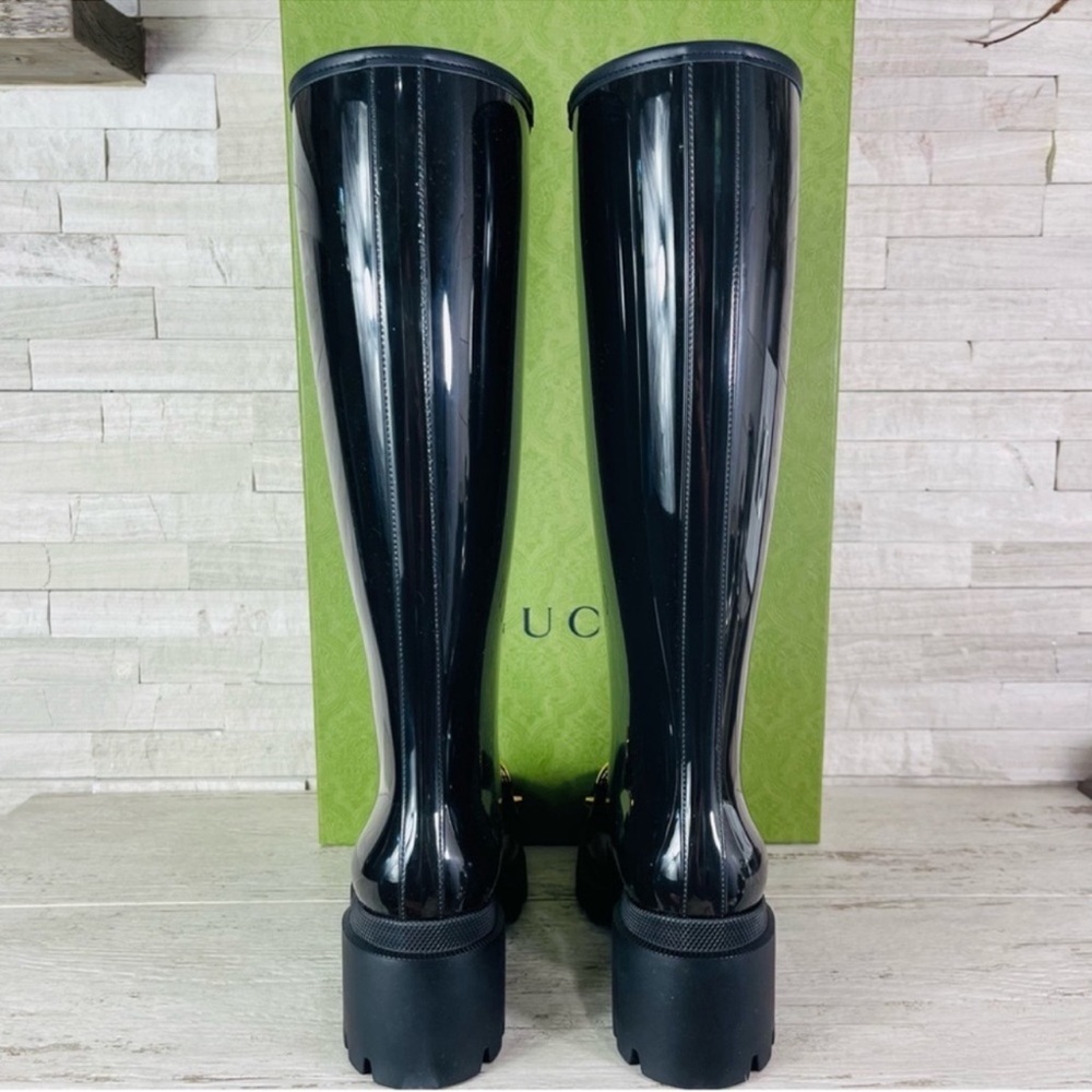 Gucci NWB Size 38 Black Gloss Rubber Insulated Horsebit Knee-High Rain Boot NWT - Picture 8 of 14